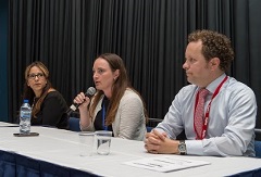 Maria Brous of Publix Super Markets, Inc., Kate Favrow of Associated Wholesale Grocers, Inc. and  Nathan T. Wright of Hy-Vee, Inc. speak about social media and food retailers at Future Leaders at FMI Connect 